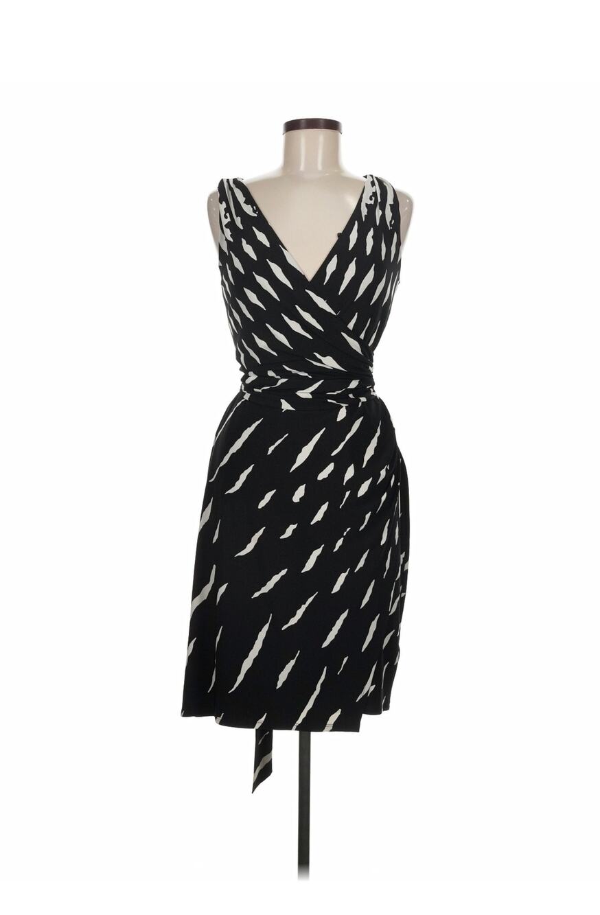 Lauren by Ralph Lauren SZ 8 V Neck Wrap Cocktail Dress Black & White Pattern